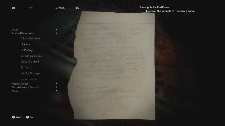 This note from a troubled man lies on the burned furniture on the right side of the house - The Medium: Notes from a troubled man - list - Secrets and Collectibles - The Medium Guide