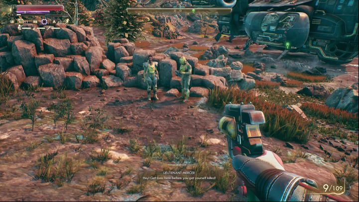 After dealing with the marauders, go to the area with the ship - Stranger in a Strange Land | The Outer Worlds Walkthrough - Emerald Vale - The Outer Worlds Guide