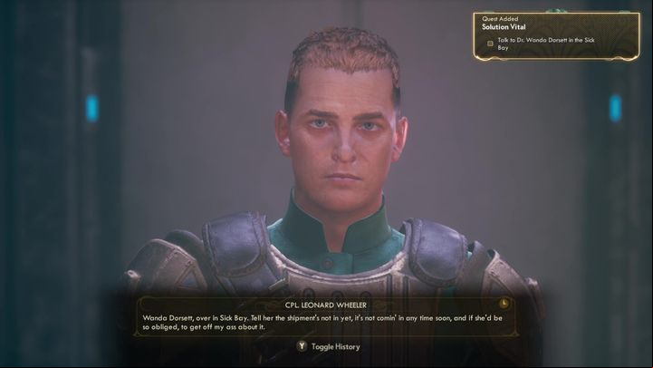 As soon as you land on the Groundbreaker, you will be stopped by captain Leonard Wheeler - Solution Vital | The Outer Worlds side quest - Groundbreaker - The Outer Worlds Guide