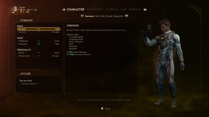 The most important information about your hero can be found in the character summary screen. - Character development, perks and abilities in The Outer Worlds - Basics - The Outer Worlds Guide