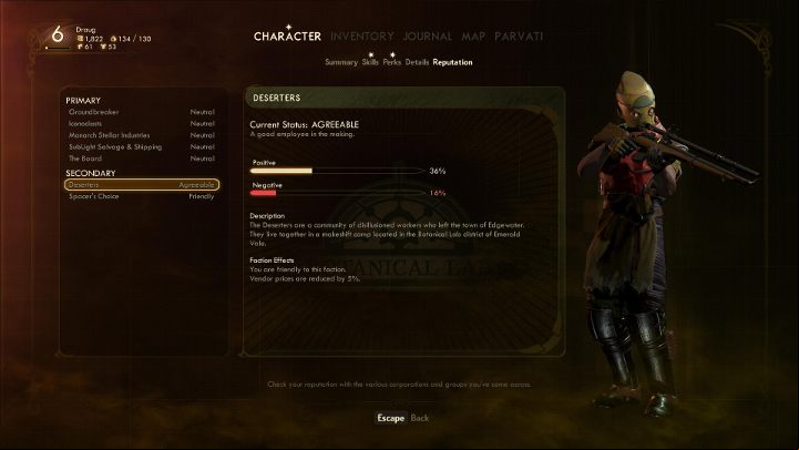 In the character menu you can check your reputation with a particular faction. - Reputation in The Outer Worlds - Basics - The Outer Worlds Guide