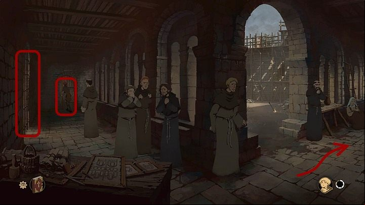 Go to the age on the left and try to open the grate (to the left from the door near which Jack stands) - Chapter Thirteen - The Fleece Fair (Kingsbridge - a few weeks later) - Book Two: Sowing the Wind - The Pillars of the Earth Game Guide