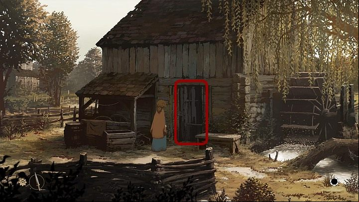 Click on the mills door - Chapter Fourteen - Departure (Kingsbridge) - Book Two: Sowing the Wind - The Pillars of the Earth Game Guide