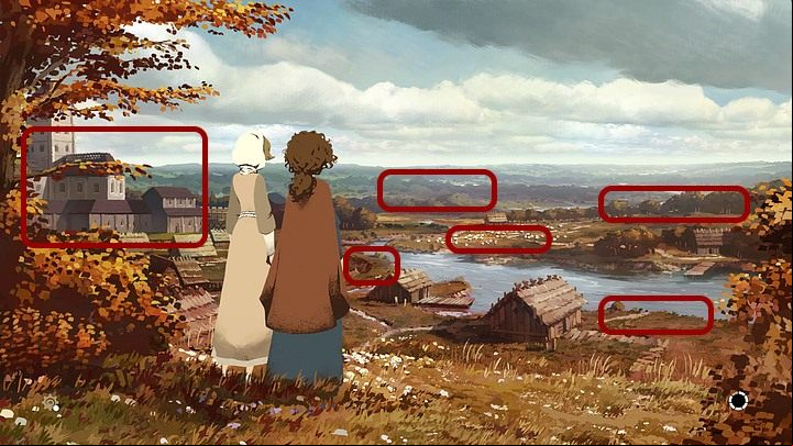 After that you have to go outside - look at: the cathedral (on the left), the new construction site, the rivers shore, the pasture on the other shore, forest in the distance (on the left) and the hills (in front of you) - Chapter Fourteen - Departure (Kingsbridge) - Book Two: Sowing the Wind - The Pillars of the Earth Game Guide