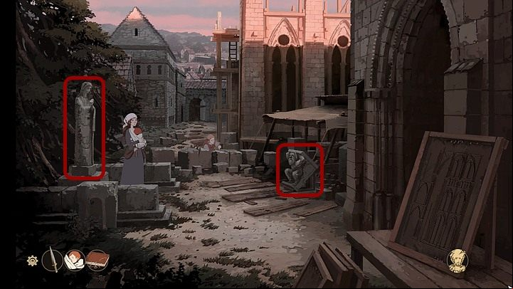 When Aliena is back at the construction site of the Cathedral in Tours, click the statue of the Virgin Mary (on the left) so that the girl can pray - Chapter Fifteen - The Journey (Cherbourg; Tours; Puente la Reina; Santiago de Compostela; Toledo; Paris) - Book Three: Eye of the Storm - The Pillars of the Earth Game Guide