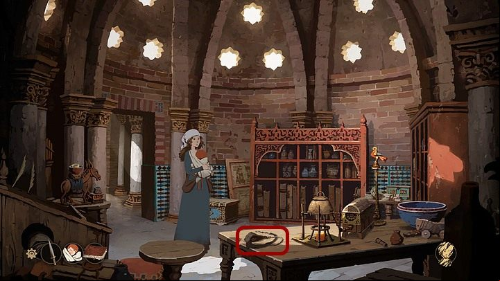 Approach the left side of the table and take Jacks slingshot (you will get the achievement Jack was here - Chapter Fifteen - The Journey (Cherbourg; Tours; Puente la Reina; Santiago de Compostela; Toledo; Paris) - Book Three: Eye of the Storm - The Pillars of the Earth Game Guide