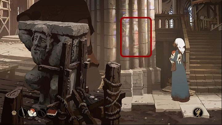 In the Basilica of Saint-Denis, turn right and take a look at the light of colourful stained glass windows falling on the column - Chapter Fifteen - The Journey (Cherbourg; Tours; Puente la Reina; Santiago de Compostela; Toledo; Paris) - Book Three: Eye of the Storm - The Pillars of the Earth Game Guide