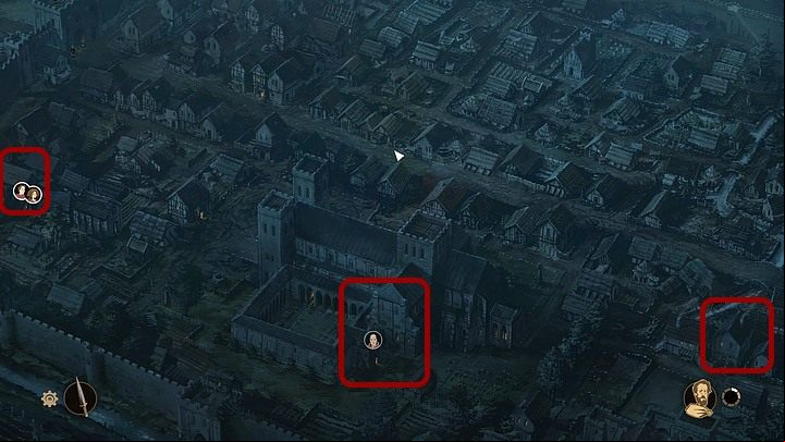 The first place is the cathedral (in the middle of the bottom part of the map, slightly above the second south gate) - Chapter Nine - The Oath (Winchester castle yard; market; prison cell;back alley; Huntleigh abandoned house; pastures) - Book Two: Sowing the Wind - The Pillars of the Earth Game Guide