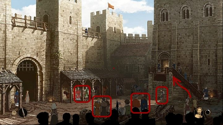 Try to enter the stairs that lead to the castle - Chapter Nine - The Oath (Winchester castle yard; market; prison cell;back alley; Huntleigh abandoned house; pastures) - Book Two: Sowing the Wind - The Pillars of the Earth Game Guide
