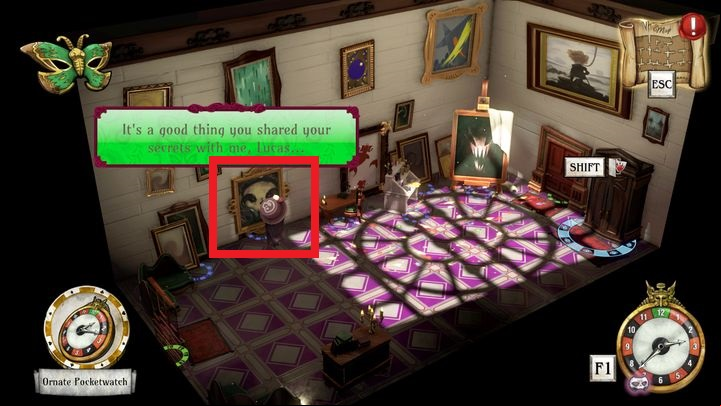 The woman will move towards one of the paintings after entering the room - Find the secret chamber | Willow Blue - Willow Blue - The Sexy Brutale Game Guide
