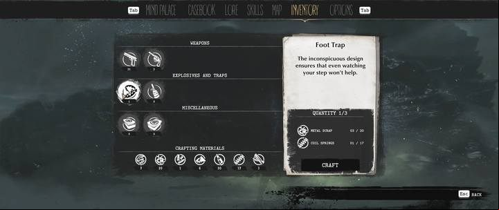 The creation of new items is done by clicking the Craft button in the Inventory tab, after selecting the appropriate item - Crafting in The Sinking City - Basics - The Sinking City Guide