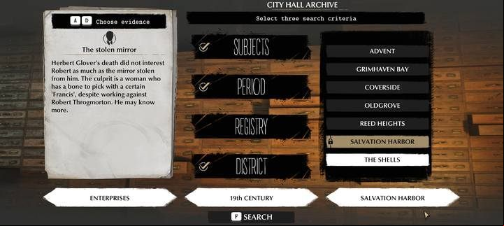 Search for evidence by selecting the following search parameters in the town hall archive - On the other side of the mirror | The Sinking City walkthrough - Side cases - The Sinking City Guide