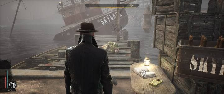 Walking down the street, you will see cargo boxes signed Skylark in the port on the side of the - the damaged ship is near the pier - Bounty of the Sea | The Sinking City walkthrough - Side cases - The Sinking City Guide