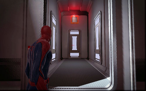 Quickly jump to the other side through the hole on the left and afterwards head into the ventilation shaft above the locked door (RB) - Chapter 01 - Oscorp Is Your Friend - Walkthrough - The Amazing Spider-Man - Game Guide and Walkthrough