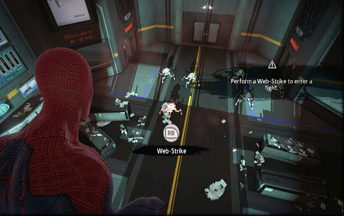 From there you will be able to shoot web at them (RB) and afterwards continue the fight normally - Chapter 01 - Oscorp Is Your Friend - Walkthrough - The Amazing Spider-Man - Game Guide and Walkthrough