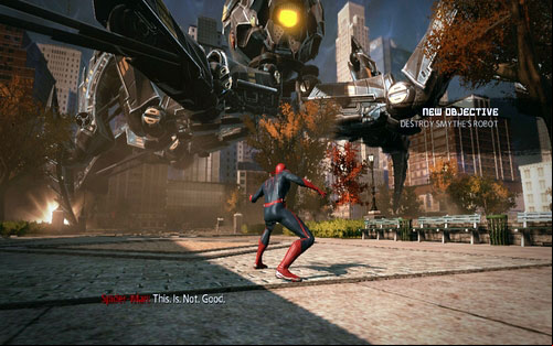 After reaching the target, a fight with a giant robot will start - Chapter 01 - Oscorp Is Your Friend - Walkthrough - The Amazing Spider-Man - Game Guide and Walkthrough
