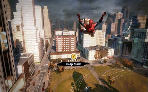 Throughout the fight, the enemy will shoot rockets at you - Chapter 01 - Oscorp Is Your Friend - Walkthrough - The Amazing Spider-Man - Game Guide and Walkthrough