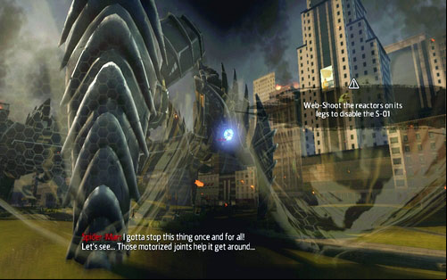 In the third phase of the fight, blue turbines will appear on the robot's legs - Chapter 01 - Oscorp Is Your Friend - Walkthrough - The Amazing Spider-Man - Game Guide and Walkthrough