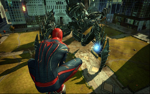 Land on one of the nearby skyscrapers and shoot at them by quickly pressing B - Chapter 01 - Oscorp Is Your Friend - Walkthrough - The Amazing Spider-Man - Game Guide and Walkthrough