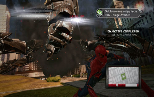 With the last leg destroyed, use Web Rush on the machine's head to end this stage - Chapter 01 - Oscorp Is Your Friend - Walkthrough - The Amazing Spider-Man - Game Guide and Walkthrough