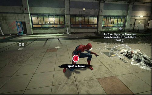 Stunned enemies can be quickly disarmed by pressing B - Chapter 02 - Escape Impossible - Walkthrough - The Amazing Spider-Man - Game Guide and Walkthrough