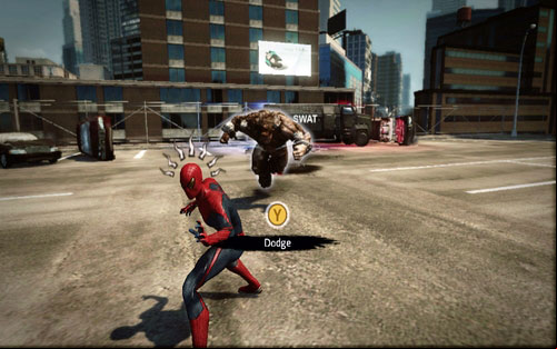 During the fight, run as far away from the enemy as possible and wait beside the SWAT car for him to charge - Chapter 03 - In the Shadow of Evils Past - p. 1 - Walkthrough - The Amazing Spider-Man - Game Guide and Walkthrough