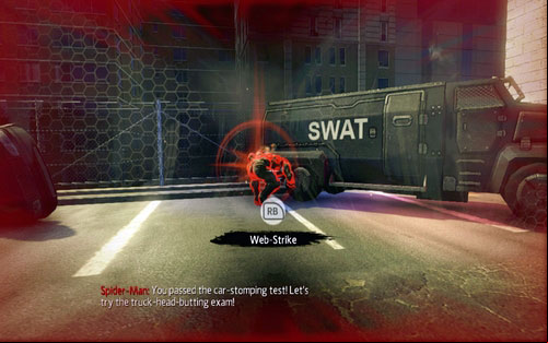 When he does, dodge it by pressing Y at the right moment and afterwards attack him with Web Rush (RB) if he hits the car - Chapter 03 - In the Shadow of Evils Past - p. 1 - Walkthrough - The Amazing Spider-Man - Game Guide and Walkthrough