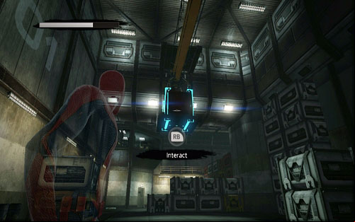 While holding down Y, point the camera onto the crate handing from the ceiling - Chapter 03 - In the Shadow of Evils Past - p. 1 - Walkthrough - The Amazing Spider-Man - Game Guide and Walkthrough