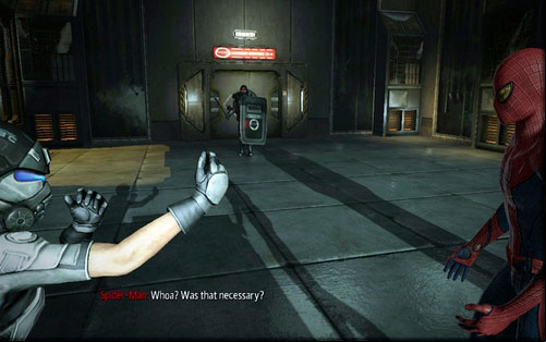 After a short conversation, you will be attacked by a guard with a shield - Chapter 03 - In the Shadow of Evils Past - p. 1 - Walkthrough - The Amazing Spider-Man - Game Guide and Walkthrough