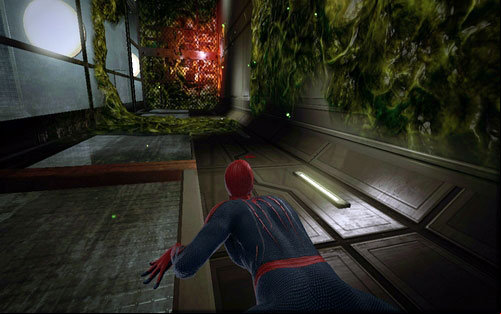 With all of them lying unconsciousness on the ground, climb up the next elevator shaft, avoiding the green substance stains on your way - Chapter 06 - Smythe Strikes Back - p. 1 - Walkthrough - The Amazing Spider-Man - Game Guide and Walkthrough