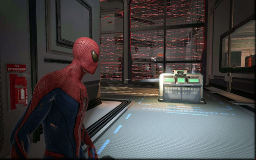 Behind the corridor with a big window you should see a wall of red laser - Chapter 06 - Smythe Strikes Back - p. 1 - Walkthrough - The Amazing Spider-Man - Game Guide and Walkthrough