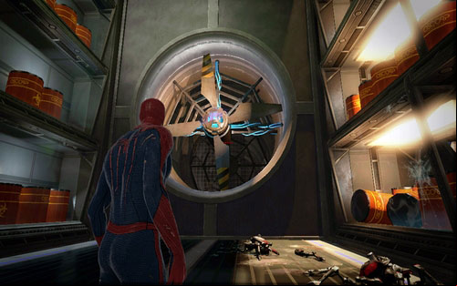 The further road leads behind two big turbines - Chapter 06 - Smythe Strikes Back - p. 1 - Walkthrough - The Amazing Spider-Man - Game Guide and Walkthrough