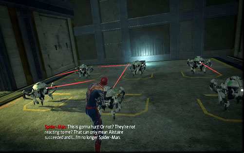 The machines won't react unless you step into their red lasers - Chapter 10 - Spider-Man No More! - p. 1 - Walkthrough - The Amazing Spider-Man - Game Guide and Walkthrough