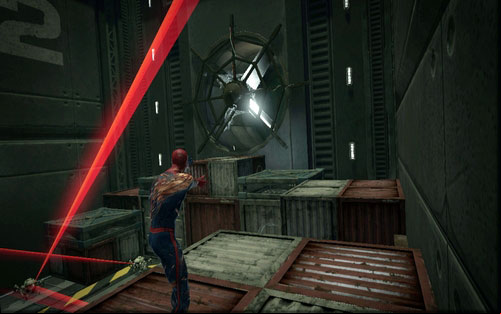 Jump up along them while avoiding lasers and stop the nearby spinning turbine - Chapter 10 - Spider-Man No More! - p. 2 - Walkthrough - The Amazing Spider-Man - Game Guide and Walkthrough