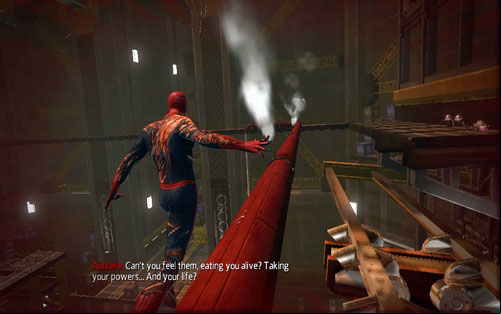 When a piece of the construction gets destroyed, move along the red pipe - Chapter 10 - Spider-Man No More! - p. 2 - Walkthrough - The Amazing Spider-Man - Game Guide and Walkthrough