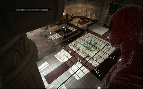 Get rid of the other enemies silently, hiding before the pillars above in case they notice you - 2 - St. Gabriel's Bank - Side missions - The Amazing Spider-Man - Game Guide and Walkthrough
