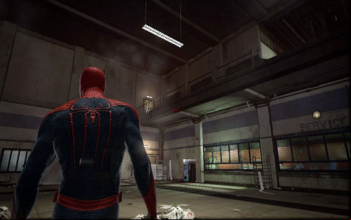 After you learn how to throw objects with the Web Rush, quickly defeat the attacked enemies and afterwards jump onto the higher level of the room - Chapter 02 - Escape Impossible - Collectibles inside buildings - The Amazing Spider-Man - Game Guide and Walkthrough