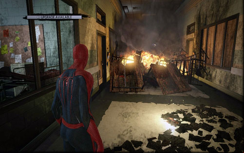 This magazine can be found right behind the first pile of burning furniture - Chapter 02 - Escape Impossible - Collectibles inside buildings - The Amazing Spider-Man - Game Guide and Walkthrough