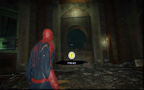 Inside the big room, choose the tunnel with the turbine and jump down to the very bottom - Chapter 04 - The Thrill of the Hunt - Collectibles inside buildings - The Amazing Spider-Man - Game Guide and Walkthrough