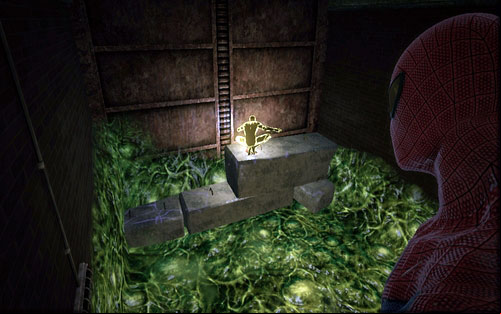 Grab onto walls to avoid the acid, turn right and pick up the item from the ground - Chapter 04 - The Thrill of the Hunt - Collectibles inside buildings - The Amazing Spider-Man - Game Guide and Walkthrough