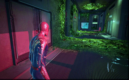 Following the elevator activated by Gwen, you will reach a corridor with a few robots - Chapter 06 - Smythe Strikes Back - p. 2 - Collectibles inside buildings - The Amazing Spider-Man - Game Guide and Walkthrough
