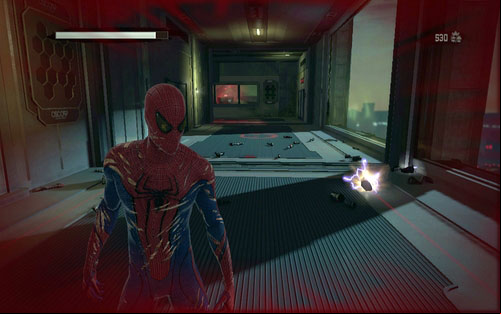 Following the elevator activated by Gwen, you will reach a corridor with a few robots and a turret - Chapter 06 - Smythe Strikes Back - p. 2 - Collectibles inside buildings - The Amazing Spider-Man - Game Guide and Walkthrough
