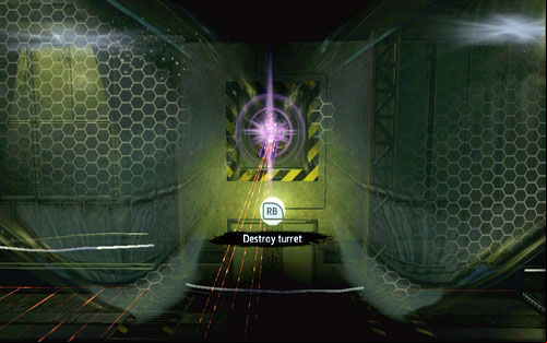 Flying through the hole between them, grab onto the wall below and destroy the turrets behind your back - Chapter 07 - Spidey to the Rescue - p. 2 - Collectibles inside buildings - The Amazing Spider-Man - Game Guide and Walkthrough