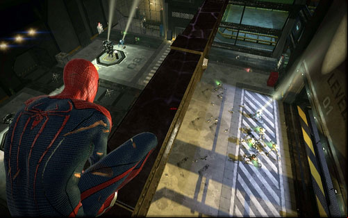After defeating the big army of robots and blocking four ages, jump through the hole in the grate on the left - Chapter 10 - Spider-Man No More! - p. 1 - Collectibles inside buildings - The Amazing Spider-Man - Game Guide and Walkthrough
