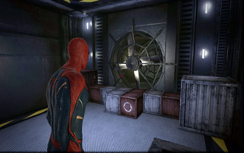 After defeating a big army of robots and blocking four ages, jump onto the crate on the right side (beside the turbine) - Chapter 10 - Spider-Man No More! - p. 1 - Collectibles inside buildings - The Amazing Spider-Man - Game Guide and Walkthrough