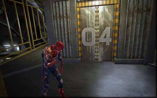 As you're running from the robot along the demolished walkways and red pipes, you will reach door 04 - Chapter 10 - Spider-Man No More! - p. 1 - Collectibles inside buildings - The Amazing Spider-Man - Game Guide and Walkthrough