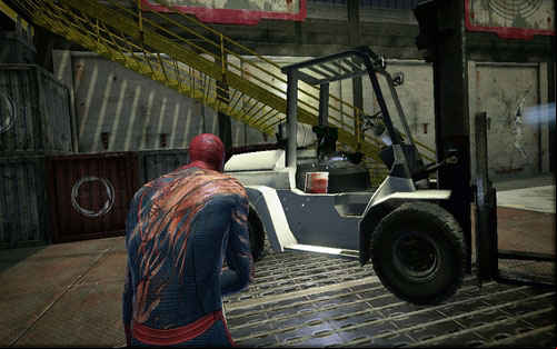 Go down the stairs and take a look at the forklift - Chapter 10 - Spider-Man No More! - p. 1 - Collectibles inside buildings - The Amazing Spider-Man - Game Guide and Walkthrough