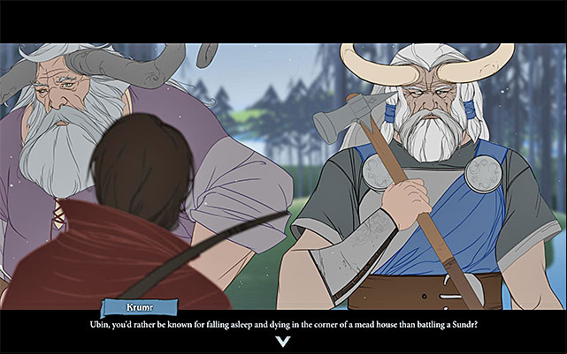 You do not have much influence on the course of the conversation with Krumr - Journey to Sigrholm | Chapter 6 - Chapter 6 - The Banner Saga Game Guide