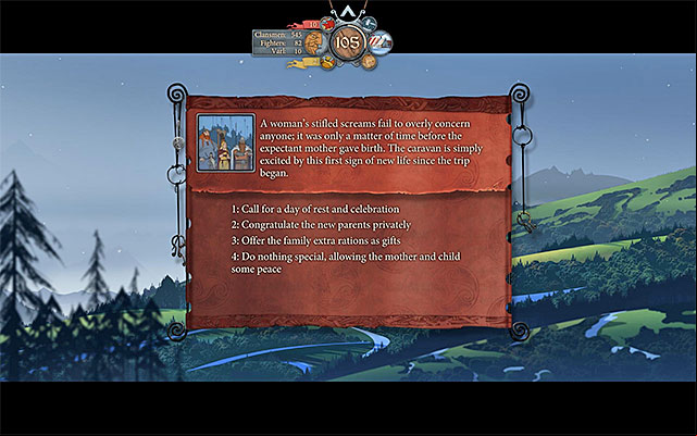 In the event connected with the birth, it is best to chose the variant that guarantees the most renown - Journey to Sigrholm | Chapter 6 - Chapter 6 - The Banner Saga Game Guide