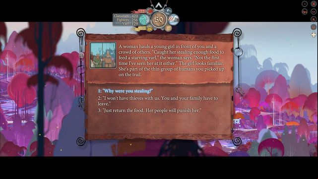 Your next decision will concerns a clansmen that attempted to steal some supplies - Road to Old Wood | Chapter 12 - Chapter 12 - The Banner Saga 2 Game Guide